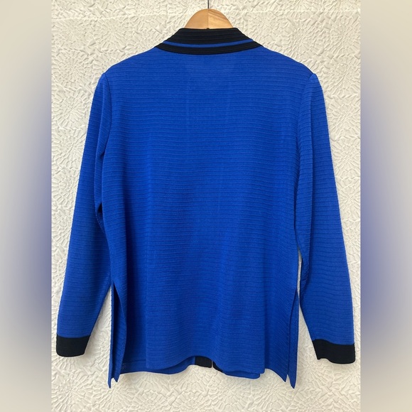 Ming Wang Knit Cardigan Size Large Royal Blue Black Trim Open Business Collar - Picture 13 of 14